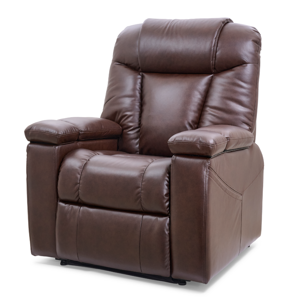 Golden Rhea PL442 lift chair in Umber, front three-quarter view with arm storage closed
